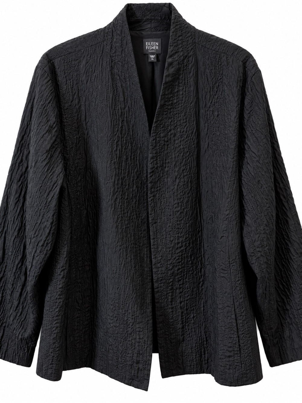 Eileen Fisher 100% Quilted Silk Wave high Collar Black Crinkled Jacket 2X NWT